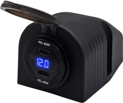 ProRide 12V USB C Autolader 2 Poorten Opbouw met Schakelaar en Wattagemeter - 45W - QC3.0 - Complete set - Blauw