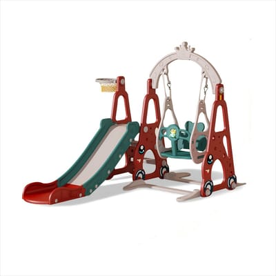 4 In 1 Glijbaan voor Kinderen-Glijbaan en Schommelset-met Basketbalring- Klimspeelhuisjes voor buiten-Rood