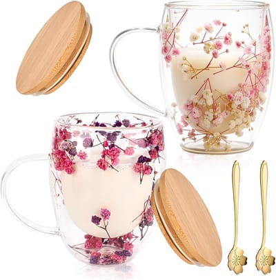 Set van 2 350 ml dubbelwandige glazen mokken, dubbelwandige mokken met gedroogde bloemen, dubbelwandige glazen beker, met gedroogde bloemen, met lepel, deksel voor latte, cappuccino