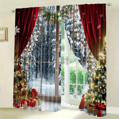 2 stuks Moderne Polyester Kerstgordijnen Met Exquise Boom En Witte Raamgordijn Bedrukte Gordijnen voor Woonkamer 50W160H(CM)x2Panel&Grommet Top
