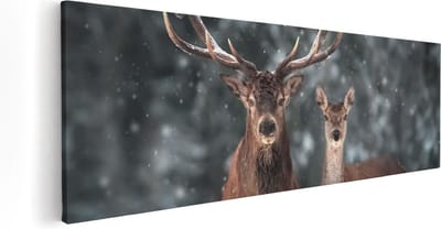 Artaza Canvas Schilderij Hertenkop Met Gewei - 60x20 cm - Muurdecoratie Winterbos - Wanddecoratie Sneeuw - Kamer Accessoires