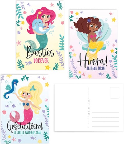 Wenskaarten set 3 stuks zeemeermin kaarten felicitatie zwemdiploma verjaardag en vriendschap met envelop kaartjes