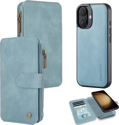 Casemania Hoesje Geschikt voor Apple iPhone 16 - Aqua Blue - 2 in 1 Magnetic Book Case met Rits