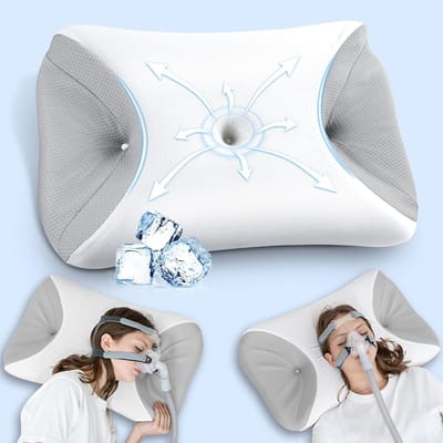 Geheugenfoam Kussen voor Zijslapers, Geschikt voor Slaapapneu en Alle Maskers, Vermindert Luchtlek en Druk, Inclusief Koelende Kussenhoes, 65x40x9/11cm