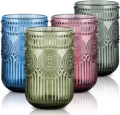 Dailygoods- Drinkglazen Set van 4 - 410ml/14oz - Gekleurd Loodvrij Glas - Vintage Reliëf Bloemmotief - Vaatwasmachinebestendig - Duurzaam Glas - Waterglazen