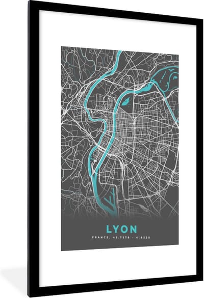 Fotolijst incl. Poster - Lyon - Plattegrond - Kaart - Stadskaart - Frankrijk - 60x90 cm - Posterlijst