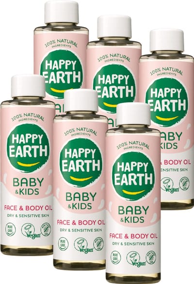 Happy Earth Bundel Gezicht en Lichaam Olie Baby & Kids - 100% Natuurlijke Ingrediënten - Microplasticvrij - Babyverzorging – Met plantaardige huidverzachter – Geschikt voor pasgeborenen – 6 x 150mL - Voordeelverpakking