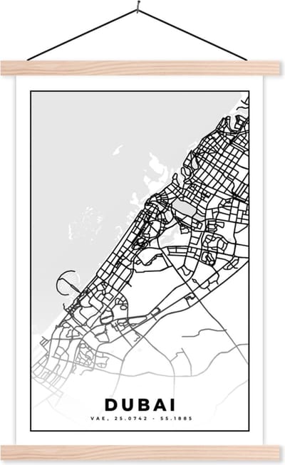 Posterhanger incl. Poster 40x60 cm - Schoolplaat - Dubai - Kaart - Stadskaart - Plattegrond - Zwart Wit - Textielposter - Blanke latten - Stadskaart