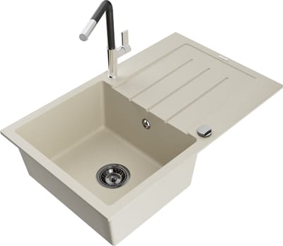 Mexen Bruno granieten spoelbak 1-kompartiment met afdruiprek en keukenkraan Flora, beige - 6513-69-670401-07-B