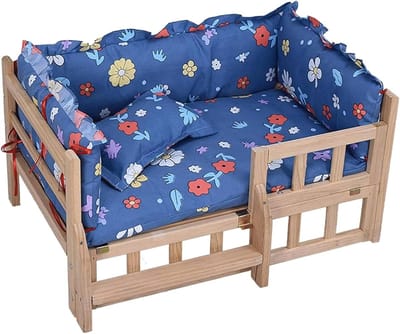 Houten Hondenbed - Verhoogd Hondenhuis - Koel en Comfortabel - Ventilatie en Veiligheid - M: 74x49x36cm - Blauw Gebloemd