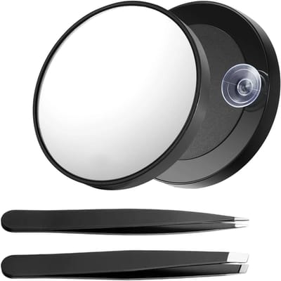 Vergrotende Spiegel met Suction Cup, Compact Spiegel Set met 2 Pincetten voor Perfecte Wenkbrauwen en Precisiewerk