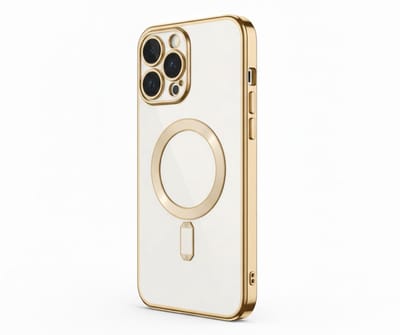 Transparant goudkleurig telefoon hoesje met metallic randen – geschikt voor iPhone 16 Pro MagSafe – luxe backcover met MagSafe ring en camera bescherming