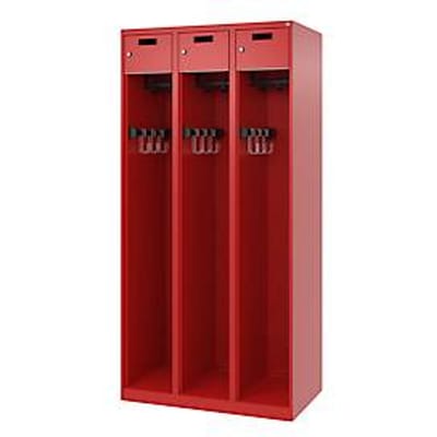 Brandweerkluis C+P Evolo PRAKTUS, 3 vakken, met sokkel, vloerglijders, B 900 x D 500 x H 1850 mm, RAL 3000 vuurrood