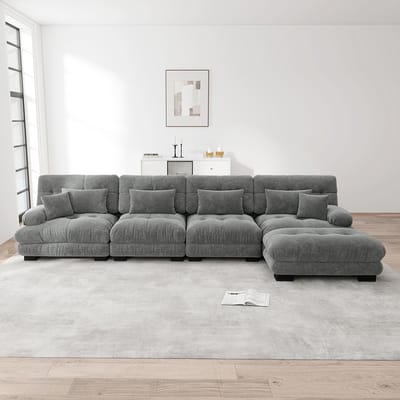 Pugsdrly Modulaire hoekbank, L-vormige bankstel voor woonkamer, comfortabele 4-zitsbanken met afneembare poef, DIY-combinatie, chenille, grijs