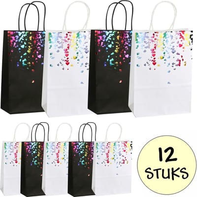 12x Papieren Uitdeeltasjes Rainbow Mix - 15x8x21cm - Stevig Papier - Traktatie Zakjes - Papieren Tasjes - Cadeau Zakjes - Uitdeelzakjes - Regenboog Hart Print Mix - Kraftpapier - 12 Stuks