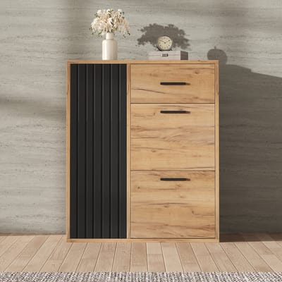 Schoenenkast - 80 x 24 x 95.5 cm - Met 1 Lade en 2 Kleppen - Verstelbare Planken - Hout - Zwart/Naturel