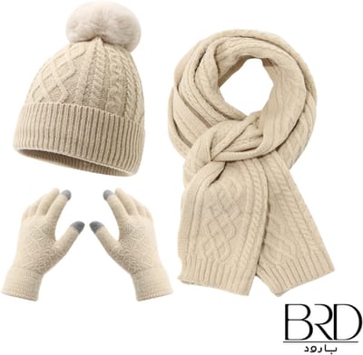 BRD® Winter | Drie delig Winter set voor dames Beige | Gevoerde muts met pompon, sjaal en handschoenen