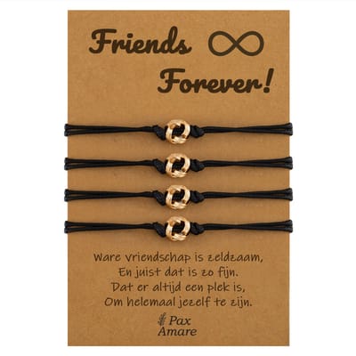 Vriendschapsarmbandjes voor 4 " Friends Forever ∞" - Knoopjes - BFF Armbandjes met Persoonlijk Cadeau Kaartje - Goudkleurig - Elastisch Verstelbaar - Pax Amare