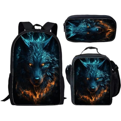 Drie delige set met Wolf thema voor Kinderen en Basisschoolleerlingen, Rugzak met Grote Capaciteit, Lunchbox, Etui