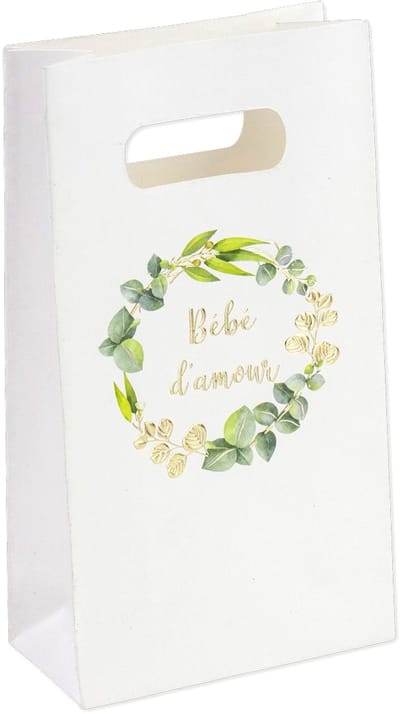 ARTYFETES - 6 Goodiebags "Liefdesbaby" Eucalyptus Goudfolie 10 x 18 x 5 cm Babyshower