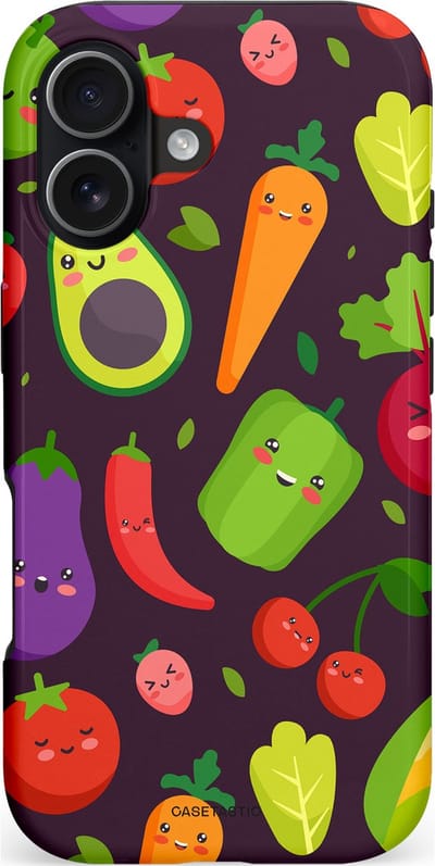 Casetastic hoesje geschikt voor Apple iPhone 17 - MagSafe - Dubbellaagse bescherming - Vrolijke Groentevrienden - Fashion Case - Zwart Groen Rood Geel