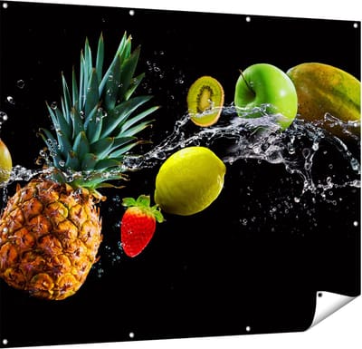 Gards Tuinposter Fruit met Water op Zwart Achtergrond - 150x120 cm - Tuindoek - Tuindecoratie - Wanddecoratie buiten - Tuinschilderij