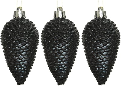 6x Zwarte dennenappels kerstballen 8 cm - Glitter - Onbreekbare plastic kerstballen - Kerstboomversiering zwart