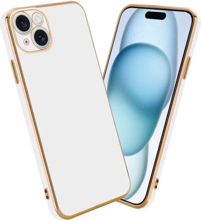 Cadorabo Hoesje geschikt voor Apple iPhone 15 in Glossy Wit - Goud - Beschermhoes Case Cover van flexibel TPU-silicone en met camerabescherming