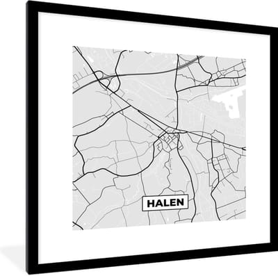 Fotolijst incl. Poster Zwart Wit- Plattegrond – Halen – Zwart Wit – Stadskaart - Kaart - 40x40 cm - Posterlijst