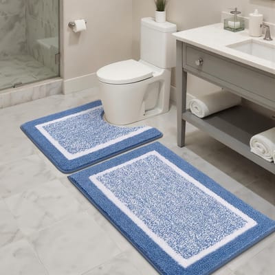 Fluffy Microfiber Badmat - Antislip, Zacht en Super Absorberend - Sneldrogend en Machinewasbaar voor Douche en Badkuip - Set van 2, Blauw, 45x65cm en 50x60cm