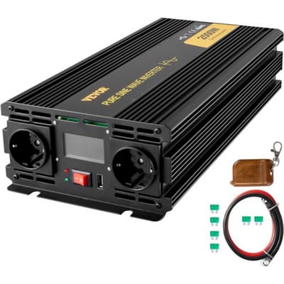 VEVOR Zuivere Sinus Omvormer 2500W, Omvormer DC 12V Naar AC 230 V en Monitor LCD, Pure Sinus Omvormer Piekvermogen 5000W, Spanningsomvormer Pure Sinus en Afstandsbediening, Auto Omvormer Veilig Huis
