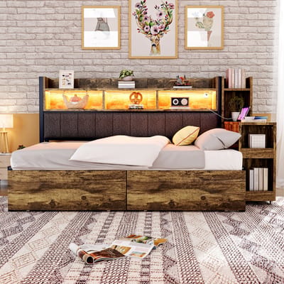 MIVRAY Eenpersoonsbed 90x200cm - Met Opbergvakken Lades En Uitschuifbaar Bureau - Met Stopcontacten En Ledverlichting - Metaal Hout - Naturel - Zonder matras