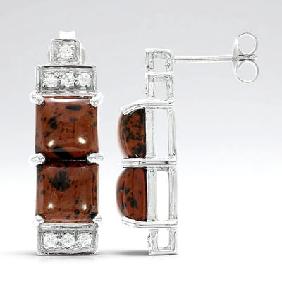 Cavill - Zilveren Oorbellen - 925 Sterling Zilver - 7 89 ct Mahonie Obsidiaan - 0 46 ct Cambodjaanse Zirkoon - Modern Geometrisch