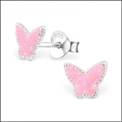 Oorbellen - Zilveren vlinder oorbellen voor kinderen - Glitter roze