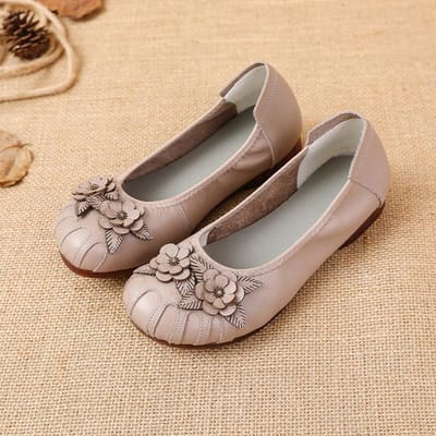Retro Etnische Stijl Echt Leer Moeder Schoenen Hak Rundspees Zool Comfortabele Zachte Onderlaag Koeienhuid Antislip Bloem Enkelschoenen voor Dames 41 gray