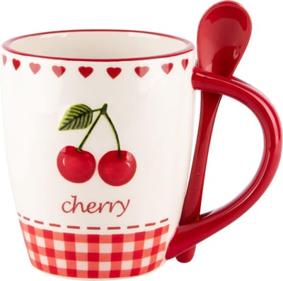 Dekoratief | Mok m/lepel m/kersen, wit/rood, keramiek, 13x9x11cm | A240088