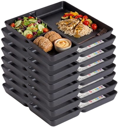 Plasticforte Vakjesborden - 8x stuks - zwart - gourmetbord - 3-vaks - kunststof - 24 x 24 cm - fonduebord - bbq - camping