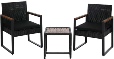 Polyrotan garnituur MCW-P74, loungeset tuin 2x stoel tafel, acaciahout stof 180 g/m² ~ zwart, bekleding zwart