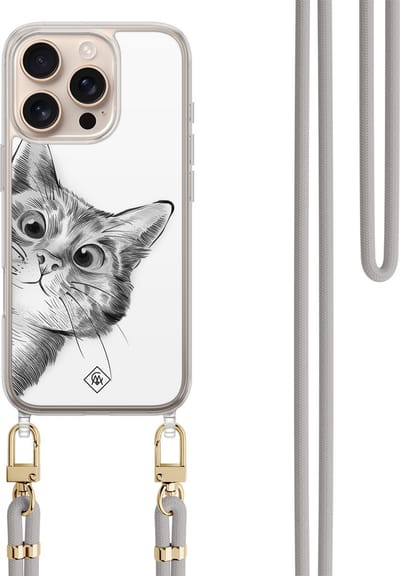 Casimoda® hoesje met koord - Geschikt voor iPhone 16 Pro - Peekaboo Kat - Afneembaar koord - TPU/polycarbonaat - Grijs