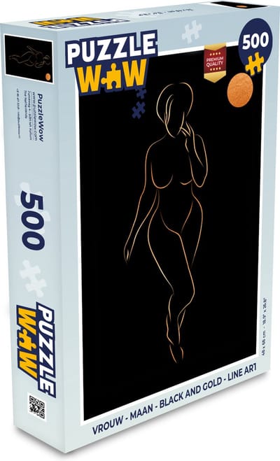 Puzzel Vrouw - Maan - Black and gold - Line art - Legpuzzel - Puzzel 500 stukjes