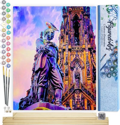 Figured'Art Schilderen op Nummer Volwassenen canvas Edinburgh-standbeeld - Handwerk acrylverf Kit DIY Compleet - 40x50cm met DIY houten lijst