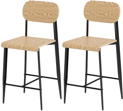 Merax Barhocker Set van 2 – Industriële Barstoelen met Voetsteun – Metalen Frame – Houten Zitting – Keukenstoel met Zithoogte 66 cm – Natuurlijk Hout + Zwart