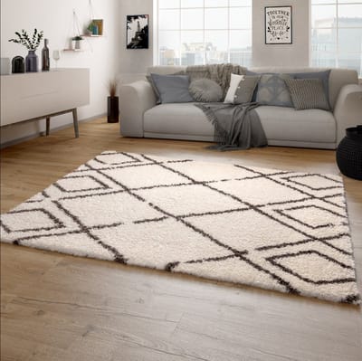 Paco Home Hoogpolig Vloerkleed Woonkamer Shaggy Langpolig Scandinavisch Ruiten Patroon 60x90 cm