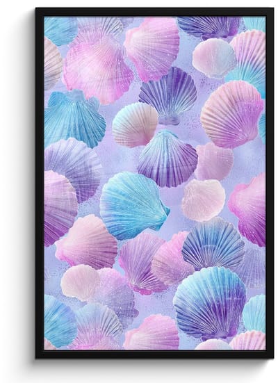 Poster in lijst - Fotolijst 60x90 cm - Posters - Schelpen - Paars - Blauw - Patroon - Posterlijst zwart - Decoratie - Wanddecoratie woonkamer - Muurdecoratie slaapkamer