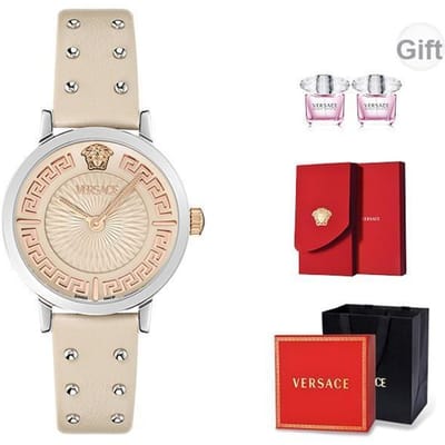 Versace Quartz Horloge 35mm Beige Wijzerplaat Leren Band Cadeauset Met Parfum En Rode Envelop Dameshorloges roze VE0A00125 VE0A00125 Beige Single black