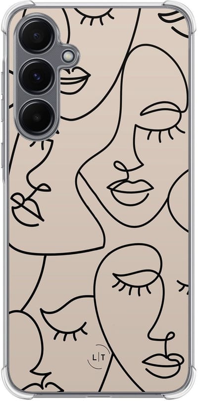 Shockproof hoesje - Geschikt voor Samsung Galaxy A15 - Abstract faces - Extra sterke case - TPU/polycarbonaat - Print / Illustratie - Beige, Transparant