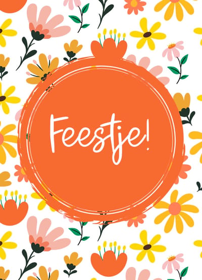 Uitnodigingskaart Feestje! – Set van 5 kaarten- Enkele kaart met vrolijke bloemen – Origineel ontwerp – Stevig 400 grams papier – Inclusief kraft envelop – Voor meiden of tieners – FSC