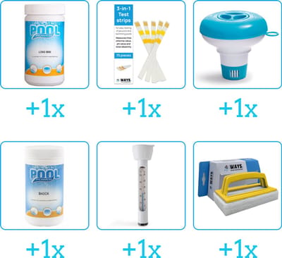 Zwembad Onderhoudspakket - Onderhoud Zwembad - bevat Chloor - Testrips - Chloordrijver - Chloor - Thermometer en Scrubborstel (6-delig)