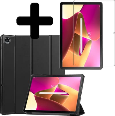 Hoes - Geschikt voor Lenovo Tab M10 Plus (3e / 3rd Generatie) - Met Screenprotector - Trifold Bookcase - Hard Cover - Hardcover Book Case - Tablet Hoesje - Zwart
