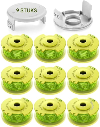 TOVBMUP 11 Stuks Grasmaaibladschijven - Reserve Spulen met Automatisch Draadvoeding - Ø2.0mm 3.4m Faden - Geschikt voor Ryobi One+ 18V 24V 40V Elektrische Grasmachines - Duurzaam Kunststof - Incl. 9 Spoelen en 2 Kapdeksels